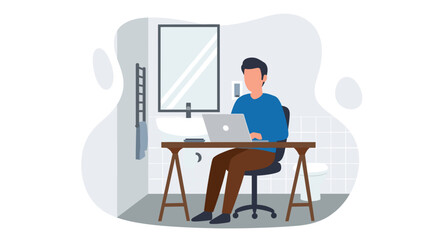 Illustration of a person working on a laptop in a bathroom, ideal for articles about remote work or unusual workspaces.