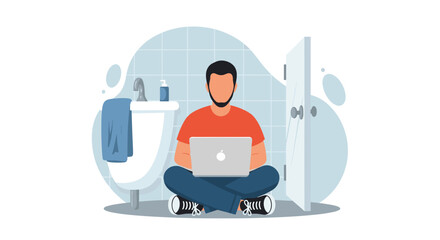 Man working on laptop in a bathroom - perfect for illustrating remote work challenges or unusual workspaces.
