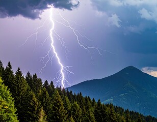 Dramatic lightning strike over a dark mountain forest during a thunderstorm