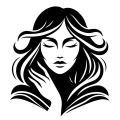 Elegant silhouette of a womans face with flowing hair and closed eyes, isolated on a white background
