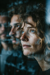 Fototapeta premium Thoughtful woman studying sketches on glass board in creative workspace, AI-generated, artificial intelligence, KI.