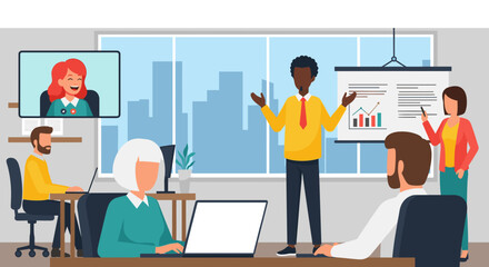 Diverse team in a modern office giving a presentation, perfect for illustrating teamwork and collaboration in business.