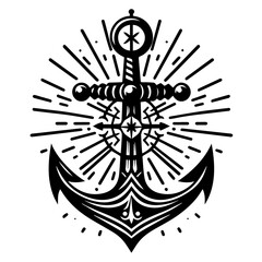 Fototapeta premium A vintage nautical anchor with a sunburst and compass rose design