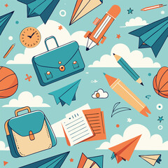 Colorful hand-drawn or doodle seamless pattern featuring school supplies, paper airplanes, and educational elements against a blue sky