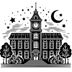 A vintage illustration of a grand school building with a clock tower under a starry night sky with a crescent moon