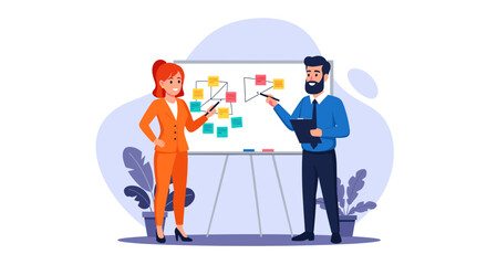 Business colleagues brainstorming ideas on a whiteboard, perfect for project management or teamwork presentations.