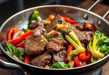 Sizzling flank steak stir-fry with peppers, onions, and bok choy in a wok,  overhead shot,  top view