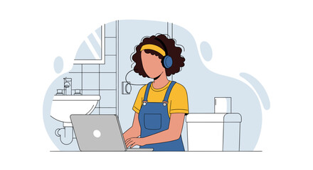 Woman working on laptop in bathroom, perfect for remote work, freelance, or work-life balance concepts.