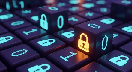 Unlocked padlock icon glowing on a dark keyboard with binary code. Data access concept for cybersecurity and digital security.