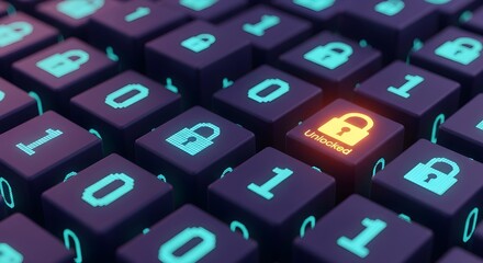 Unlocked padlock icon glowing on a dark keyboard with binary code. Data access concept for cybersecurity and digital security.