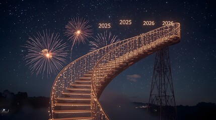 Suspension Bridge with Glowing 2025 and Colorful New Year Fireworks