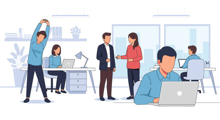 Modern office workers collaborating and taking breaks. Ideal for presentations on workplace wellness and productivity.