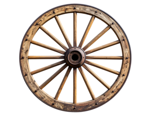 Old Wooden Wagon Wheel with Eight Spokes, Front-Facing View, Clean Rustic Texture, isolated on transparent background