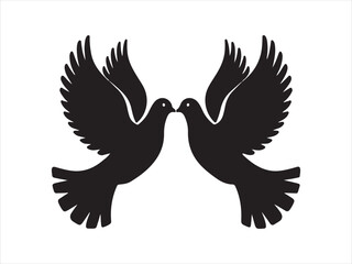 Obraz premium Two black silhouette doves kissing with wings spread against a white background