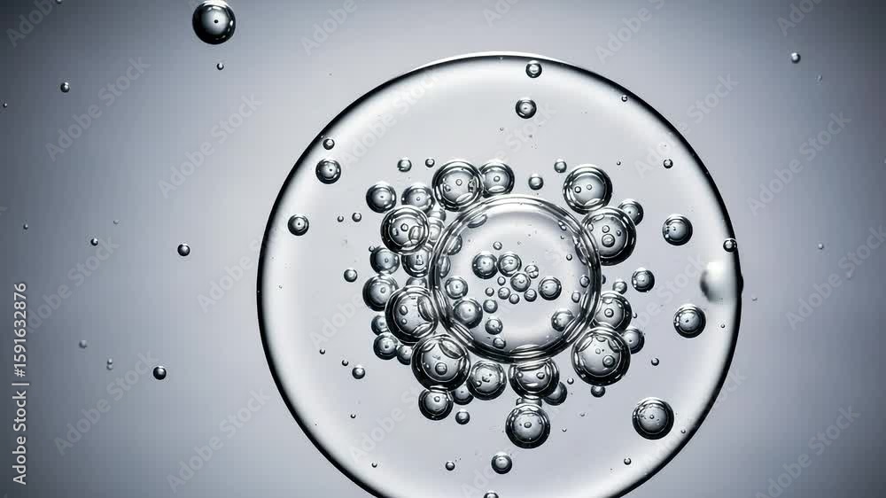 Poster macro shot of transparent bubbles forming circle on a gray background