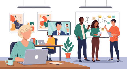 Diverse team collaborating in modern office, perfect for illustrating teamwork, brainstorming, and hybrid work.