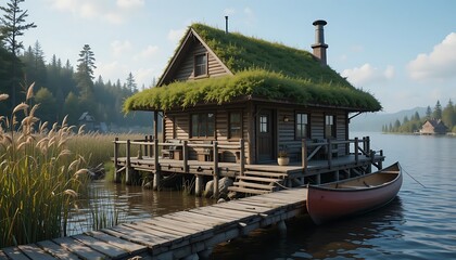 Fototapeta premium Charming Lakeside Cabin with Living Roof and Wooden Dock Scene