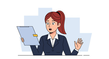 Surprised businesswoman reviewing documents, perfect for business presentations or website banners.