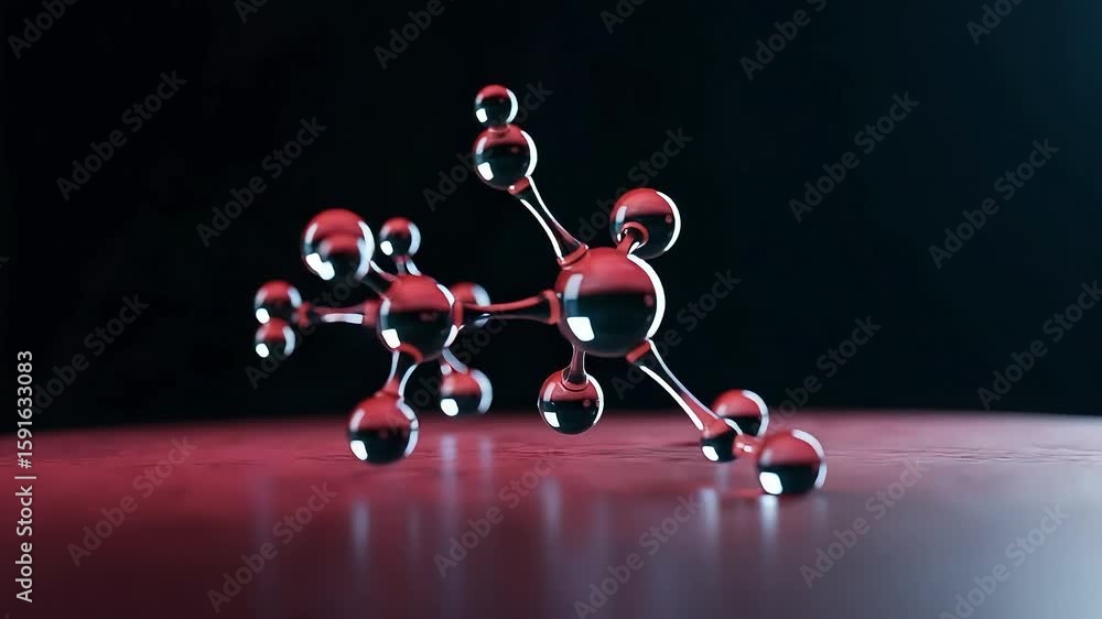Poster metallic molecular structure on red reflective surface against dark gradient background