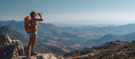 Woman with backpack drinks water on mountain peak