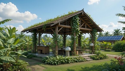 Lush Green Gazebo in Tropical Garden with Solar Panels