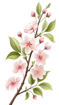 Photo of a branch of delicate pink cherry blossoms in bloom isolated on transparent background