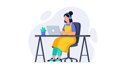 Young woman working from home, using laptop and headphones. Perfect for blog posts, websites, and social media.