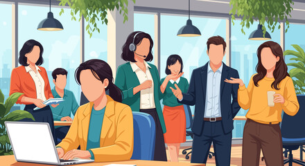 Diverse business team collaborating in a modern office, ideal for website banners or presentations.