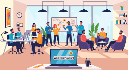 Diverse team brainstorming in a modern office, perfect for illustrating teamwork and collaboration on a company website or presentation.