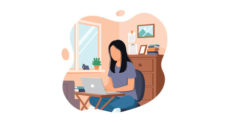 Young woman working from home on her laptop, perfect for illustrating remote work, freelance, or online learning.