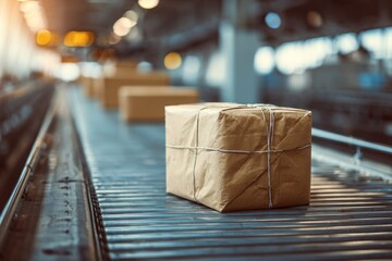 Cardboard package on conveyor belt in a factory