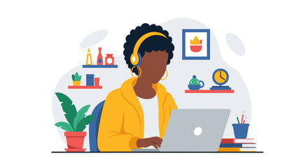 African American woman working from home on laptop, perfect for remote work, freelance, and work-life balance concepts.