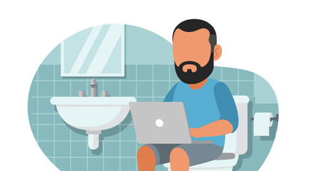 Man working on laptop while sitting on toilet in bathroom - illustration for blog, article or website.
