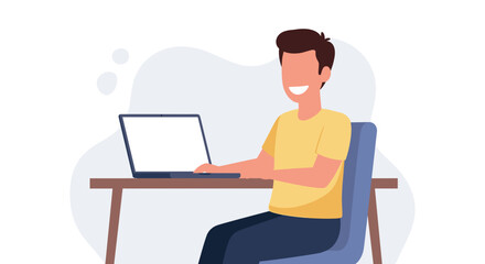 Smiling man working on laptop, perfect for website banners or blog posts about remote work, freelance, or technology.