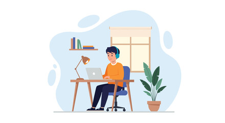 Young man working from home on laptop, perfect for remote work, online education, or freelance lifestyle blog.