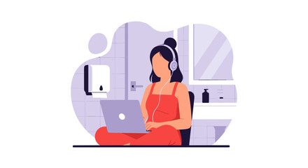 Woman working on laptop in bathroom, perfect for blog posts about work-life balance or remote work.