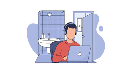 Person working from home on laptop with headphones in a bathroom setting; perfect for articles on remote work, work-life balance, or flexible work arrangements.