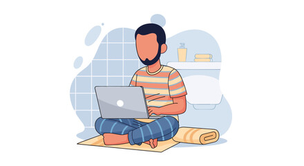 Man working on laptop in bathroom - perfect for blog posts about remote work, work-life balance, or modern lifestyle.