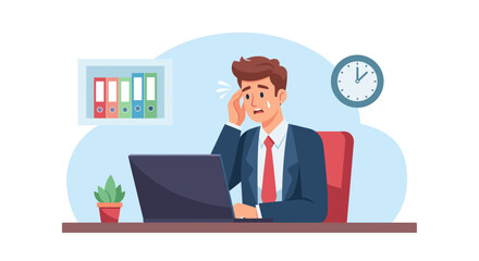 Stressed businessman working on laptop, perfect for illustrating burnout, deadline pressure, or workplace stress in presentations or articles.