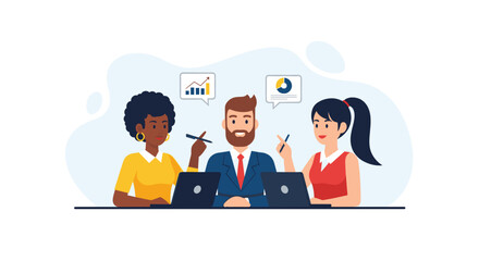 Diverse business team collaborating on laptops, analyzing data charts – ideal for website banners or presentations.