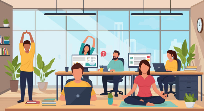 Modern office workers taking breaks for yoga and stretching; perfect for articles on well-being or work-life balance. - Powered by Adobe