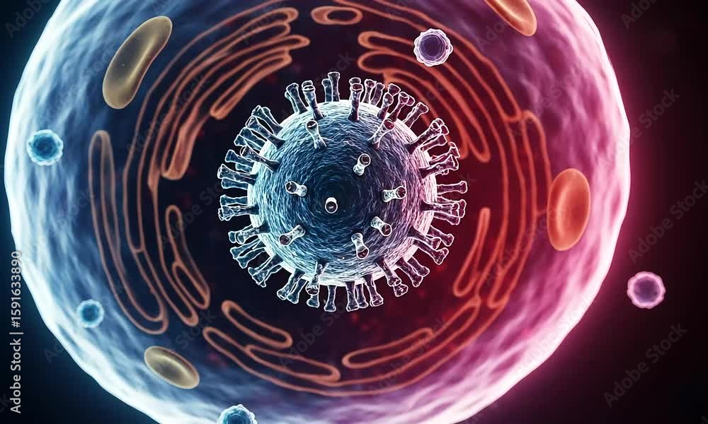 Aufkleber microscopic render of a detailed biological cell structure with glowing red and blue gradient elemen