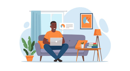 Smiling man working from home on laptop, perfect for remote work, work from home, and freelance lifestyle articles and websites.