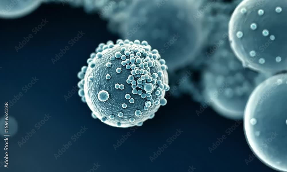 Aufkleber microscopic spherical cell structure with blue tones and multiple particles