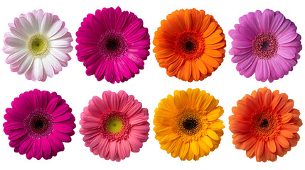Beautiful arrangement of colorful Gerbera daisies, showcasing vibrant pink, orange, yellow, and white hues against a dark backdrop, transparent background