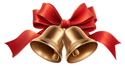 Two golden bells with a shiny red bow create a festive holiday spirit against a transparent background.