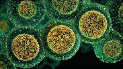 Close-up view of vibrant plant cells showcasing intricate structures and textures, highlighting the beauty of nature's microscopic world and the complexity of biological systems