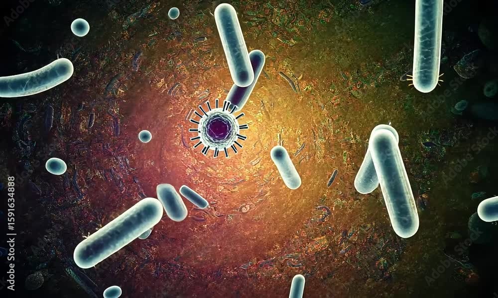 Aufkleber microscopic view of bacteria cells and virus particles on a colorful abstract background