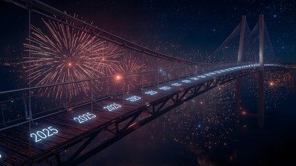 Suspension Bridge Celebration with Neon 2025 Lights and Fireworks
