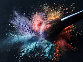 Makeup brush blends vibrant powders on black background. Beauty concept for marketing, web use, cosmetics, makeup tutorials.